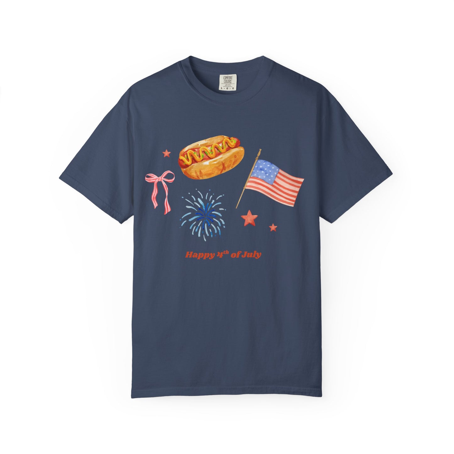 4th of July Unisex Tee - Happy 4th of July Ribbon, Hotdog, Flag, Firework Design
