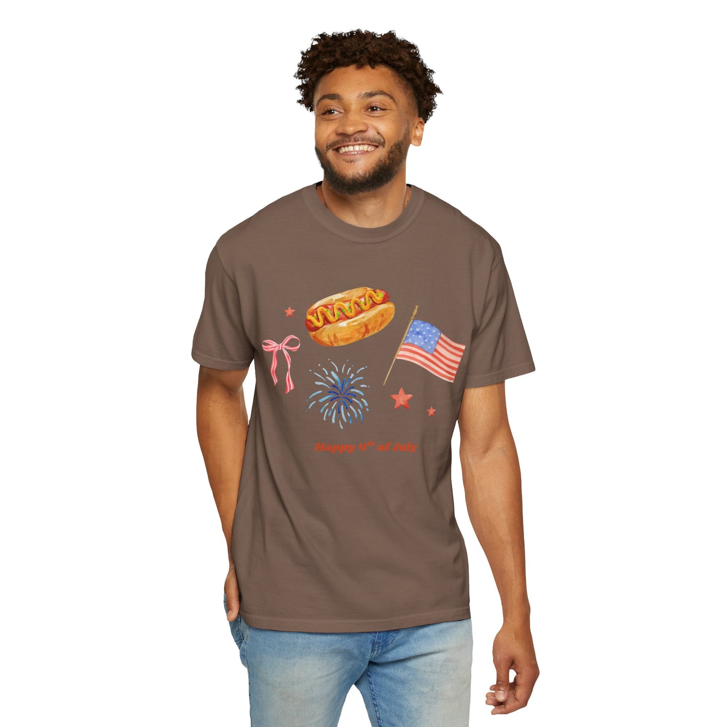 4th of July Unisex Tee - Happy 4th of July Ribbon, Hotdog, Flag, Firework Design