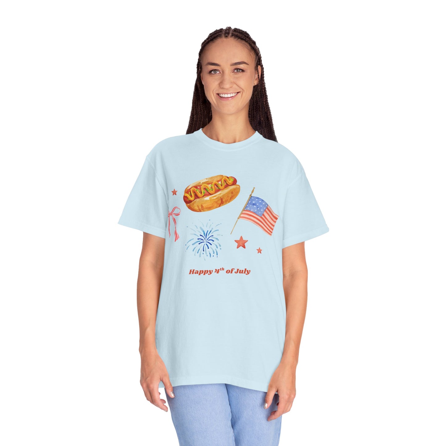 4th of July Unisex Tee - Happy 4th of July Ribbon, Hotdog, Flag, Firework Design