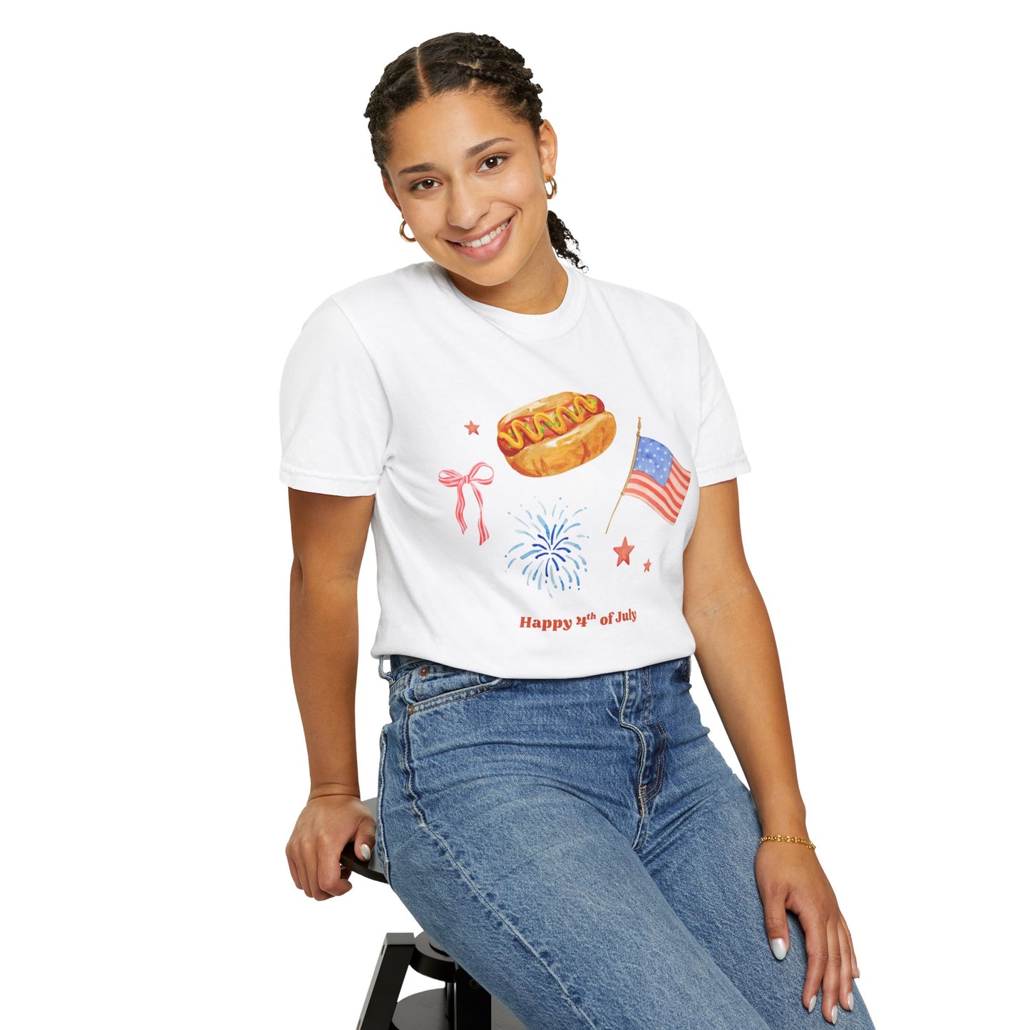 4th of July Unisex Tee - Happy 4th of July Ribbon, Hotdog, Flag, Firework Design