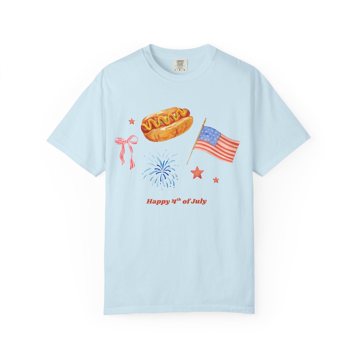 4th of July Unisex Tee - Happy 4th of July Ribbon, Hotdog, Flag, Firework Design