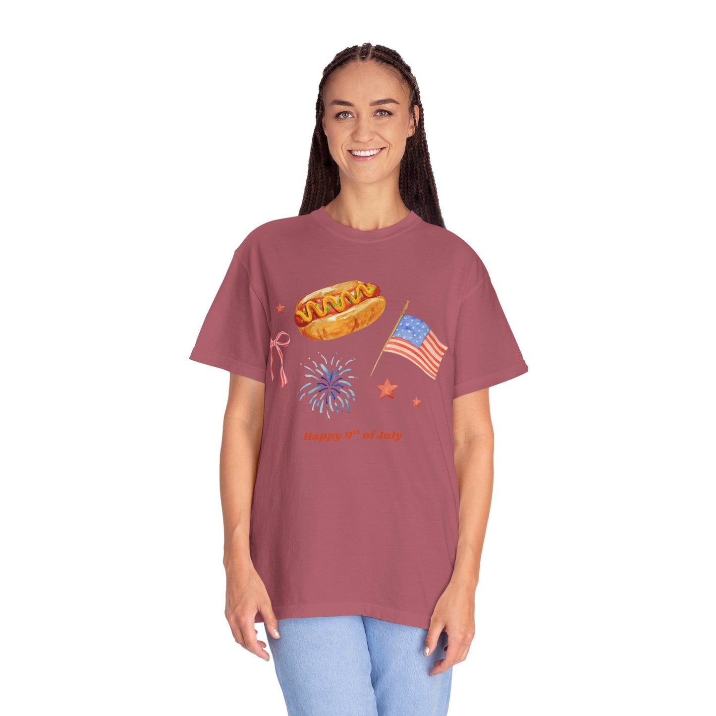 4th of July Unisex Tee - Happy 4th of July Ribbon, Hotdog, Flag, Firework Design