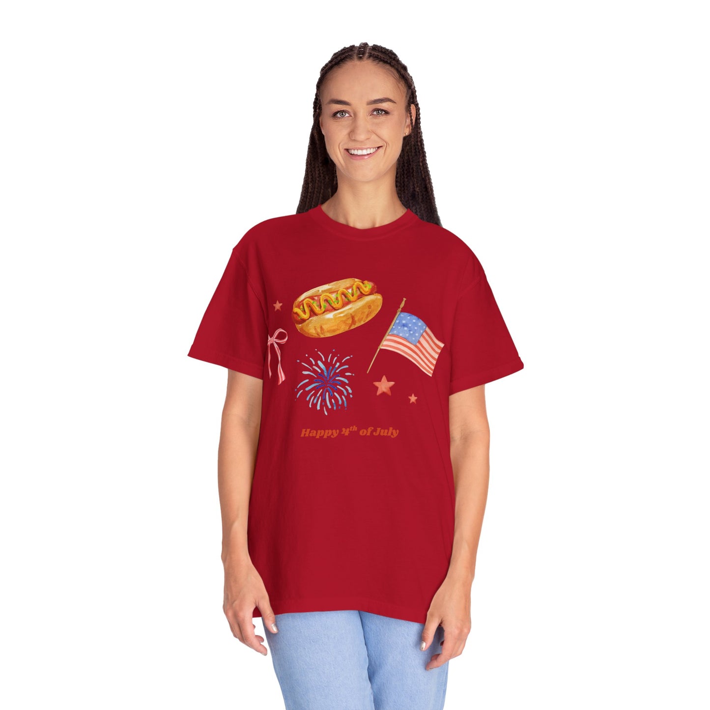 4th of July Unisex Tee - Happy 4th of July Ribbon, Hotdog, Flag, Firework Design
