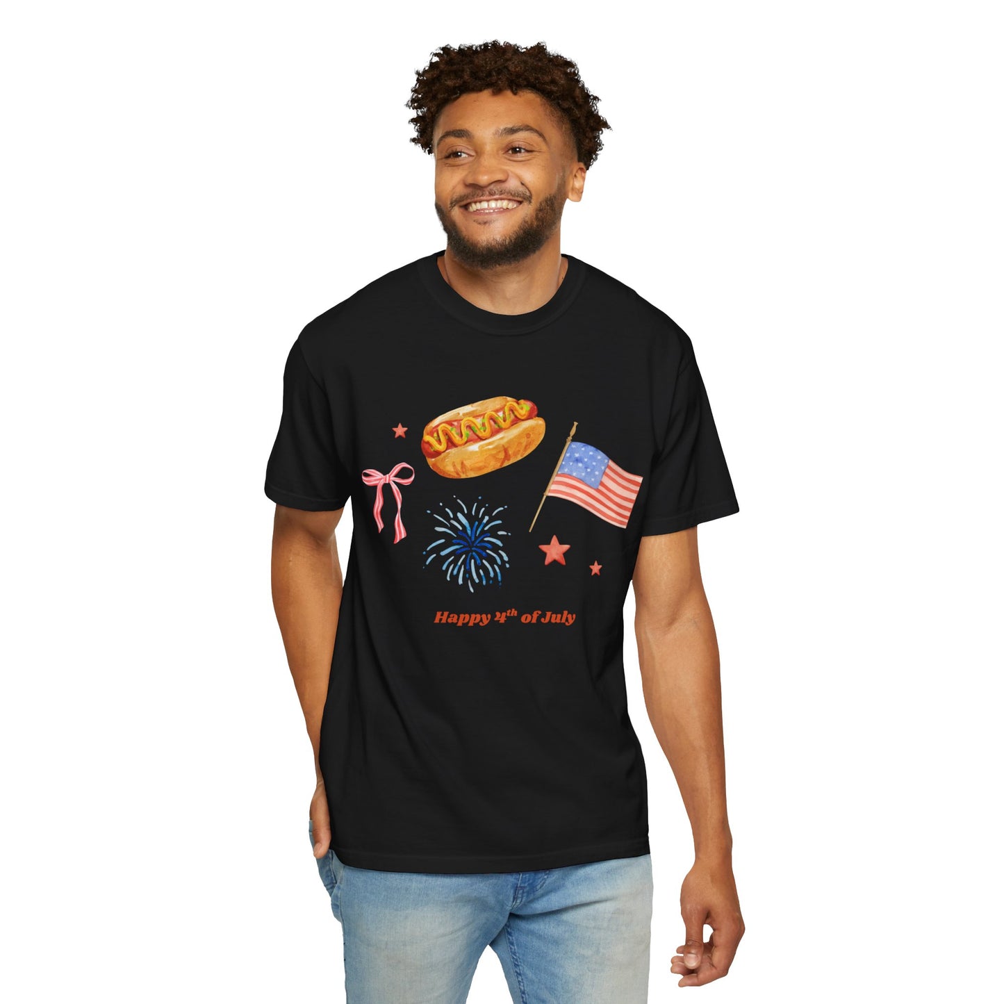 4th of July Unisex Tee - Happy 4th of July Ribbon, Hotdog, Flag, Firework Design