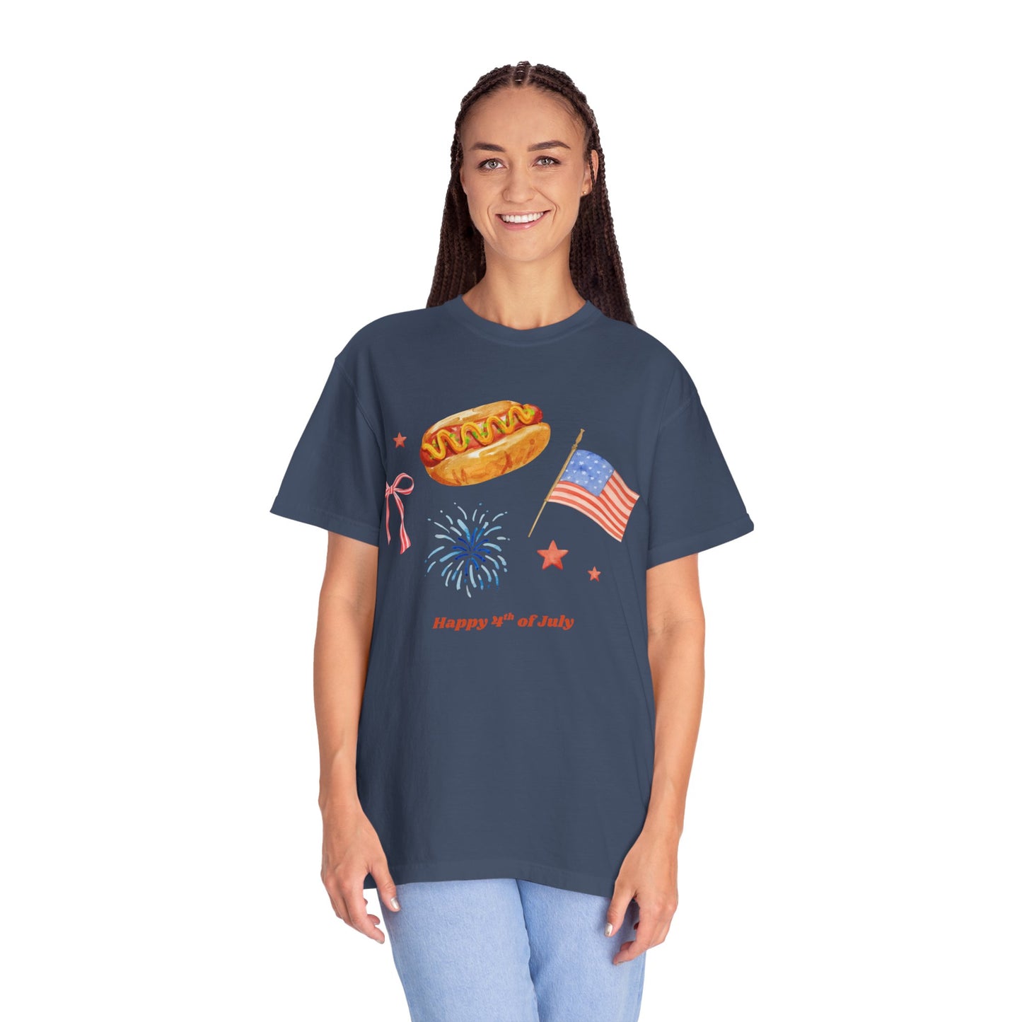 4th of July Unisex Tee - Happy 4th of July Ribbon, Hotdog, Flag, Firework Design