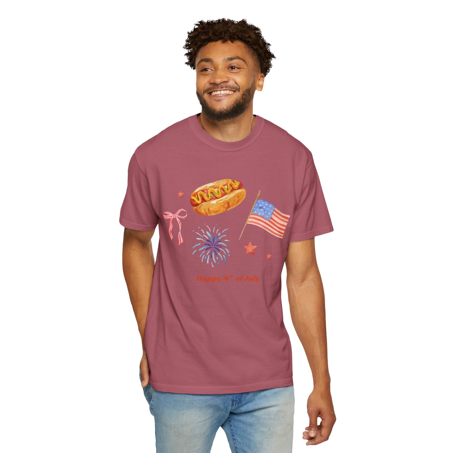 4th of July Unisex Tee - Happy 4th of July Ribbon, Hotdog, Flag, Firework Design