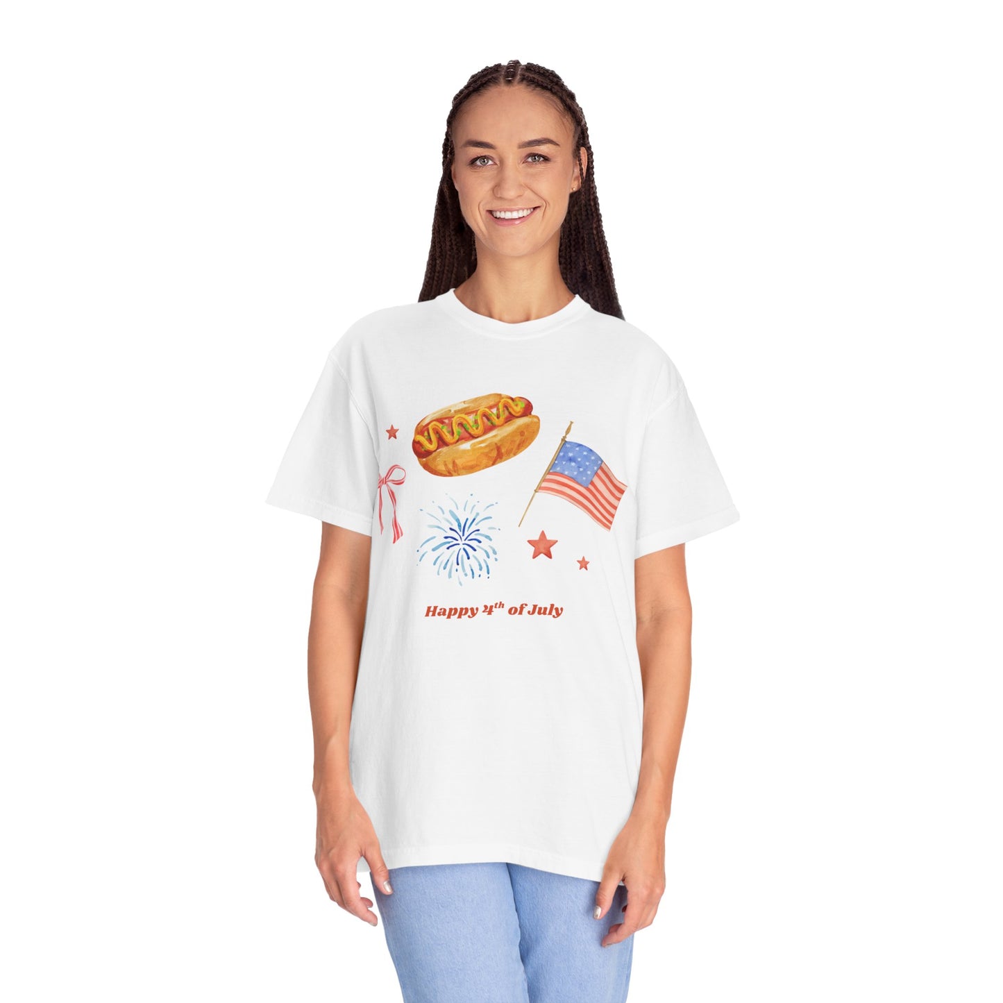 4th of July Unisex Tee - Happy 4th of July Ribbon, Hotdog, Flag, Firework Design