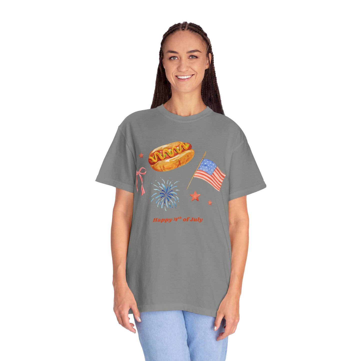 4th of July Unisex Tee - Happy 4th of July Ribbon, Hotdog, Flag, Firework Design