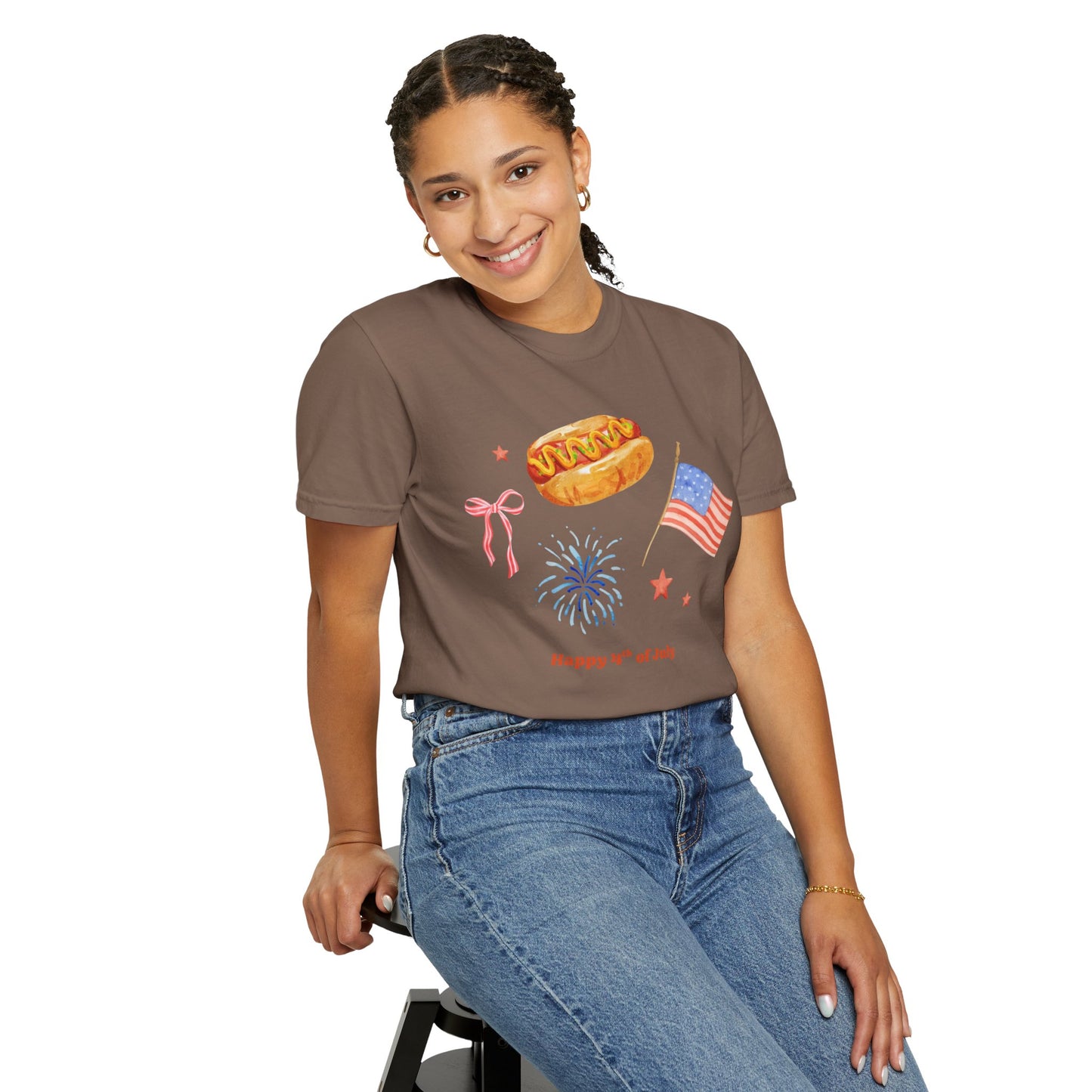 4th of July Unisex Tee - Happy 4th of July Ribbon, Hotdog, Flag, Firework Design