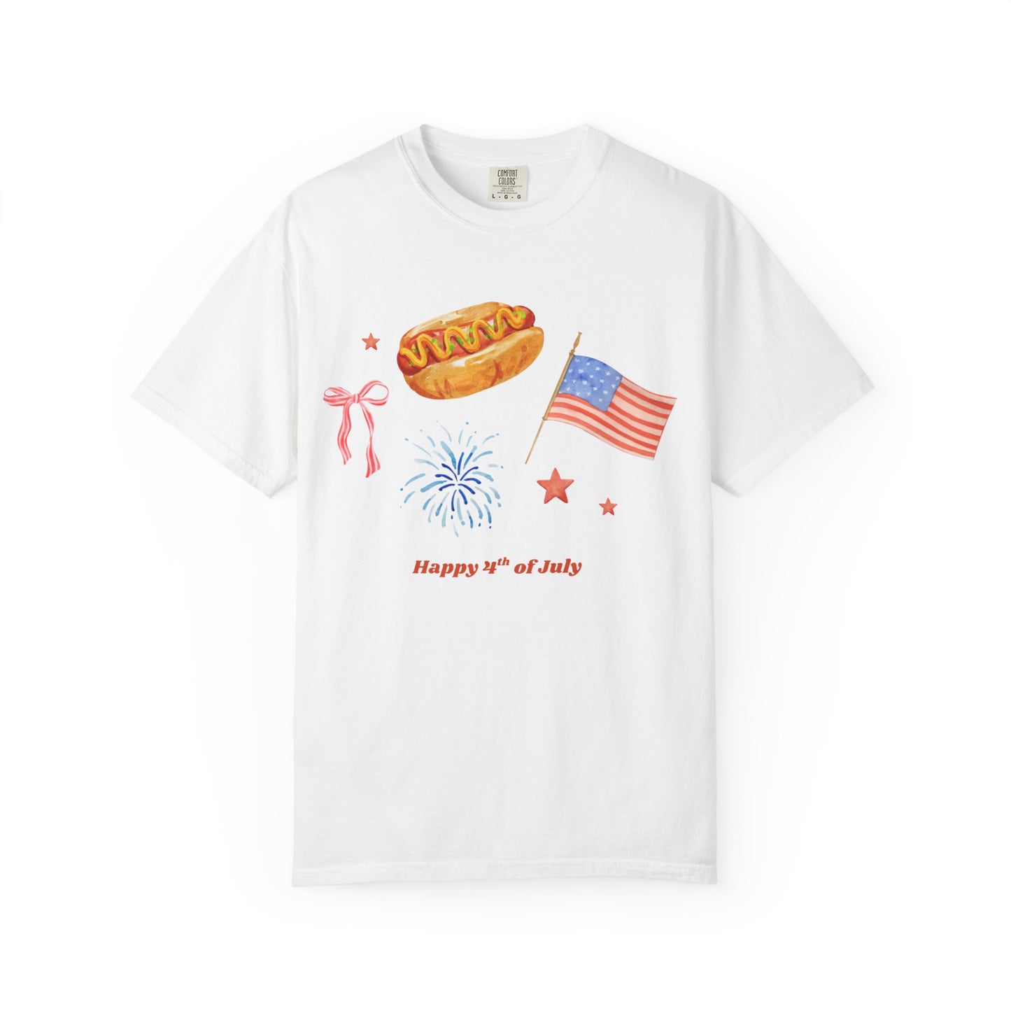 4th of July Unisex Tee - Happy 4th of July Ribbon, Hotdog, Flag, Firework Design