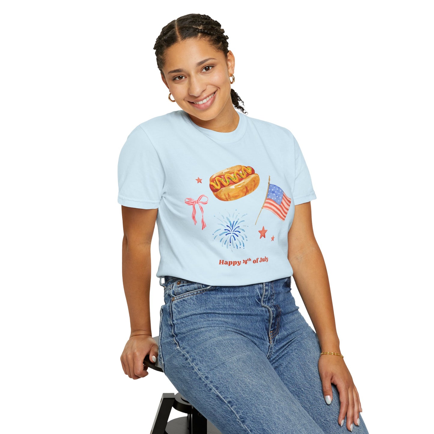 4th of July Unisex Tee - Happy 4th of July Ribbon, Hotdog, Flag, Firework Design