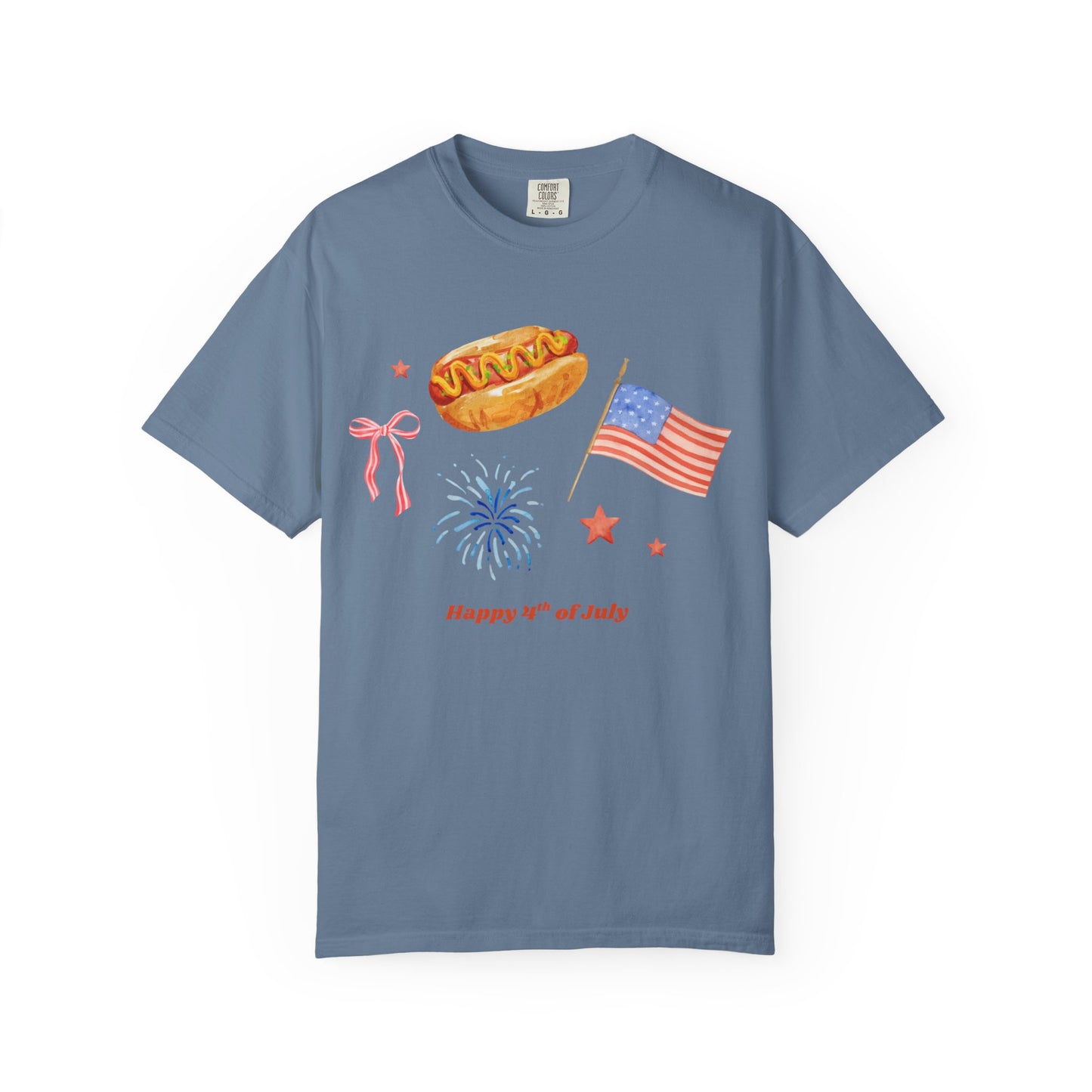 4th of July Unisex Tee - Happy 4th of July Ribbon, Hotdog, Flag, Firework Design