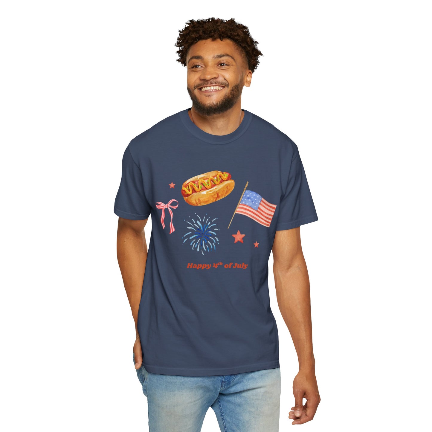 4th of July Unisex Tee - Happy 4th of July Ribbon, Hotdog, Flag, Firework Design