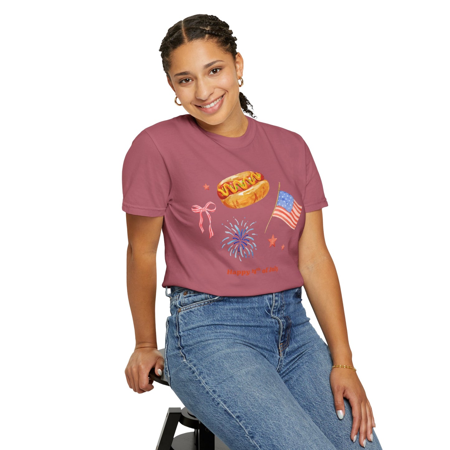 4th of July Unisex Tee - Happy 4th of July Ribbon, Hotdog, Flag, Firework Design