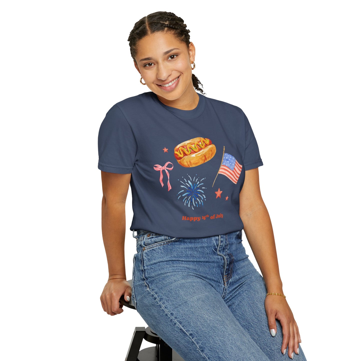 4th of July Unisex Tee - Happy 4th of July Ribbon, Hotdog, Flag, Firework Design