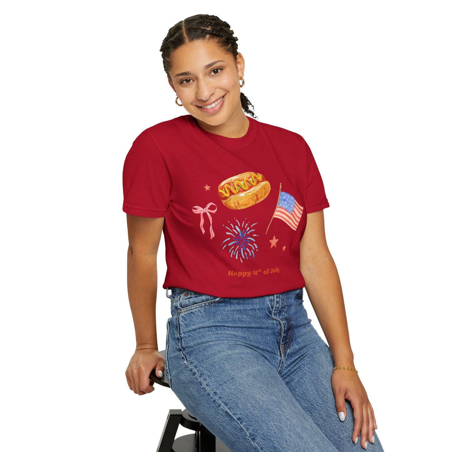 4th of July Unisex Tee - Happy 4th of July Ribbon, Hotdog, Flag, Firework Design