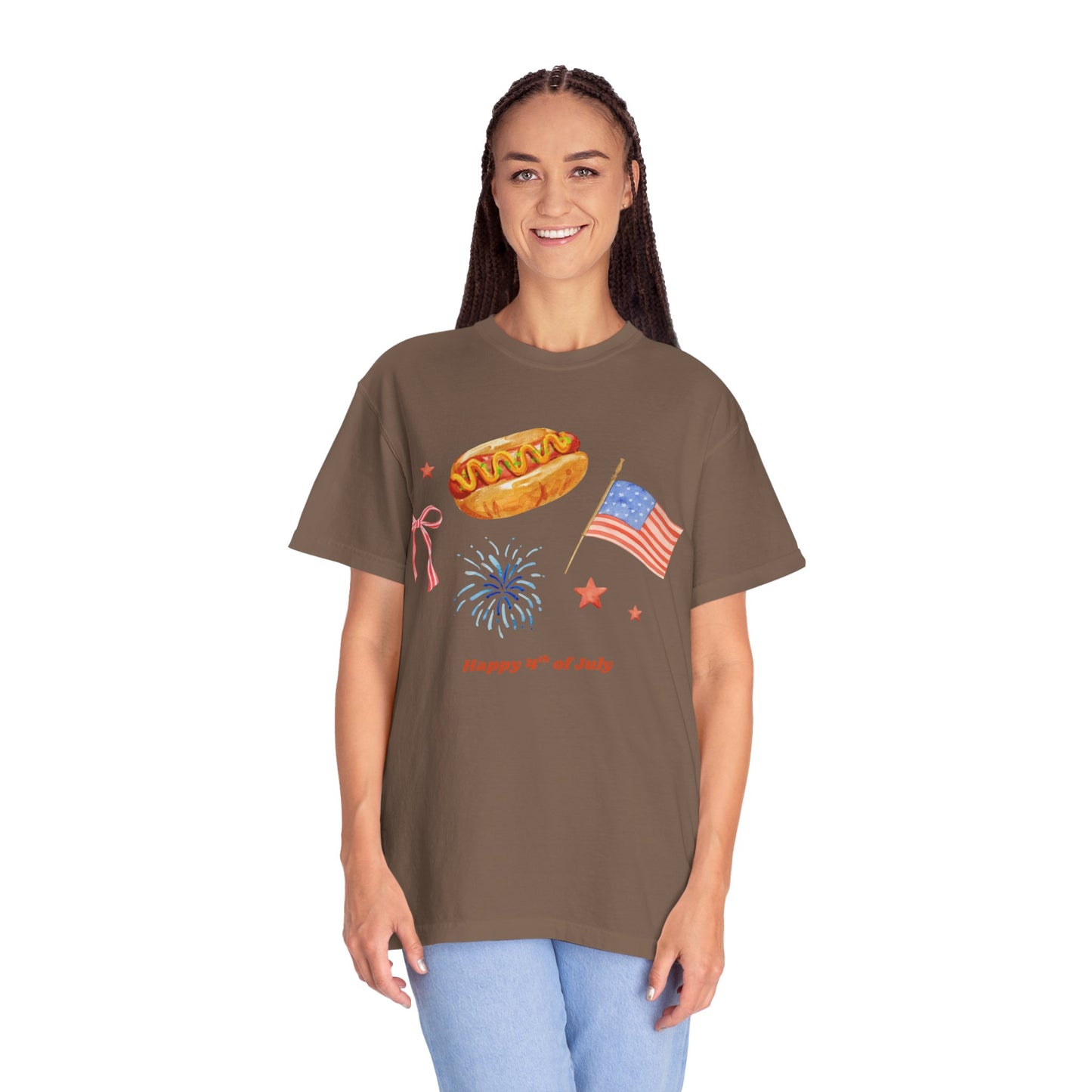 4th of July Unisex Tee - Happy 4th of July Ribbon, Hotdog, Flag, Firework Design
