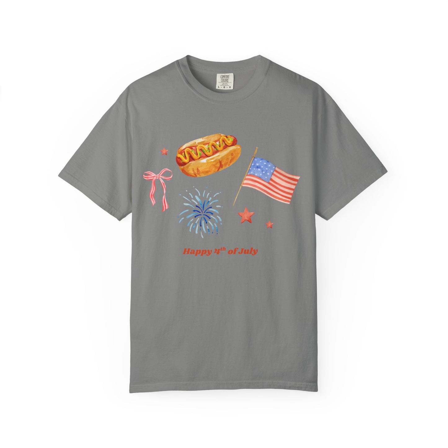 4th of July Unisex Tee - Happy 4th of July Ribbon, Hotdog, Flag, Firework Design