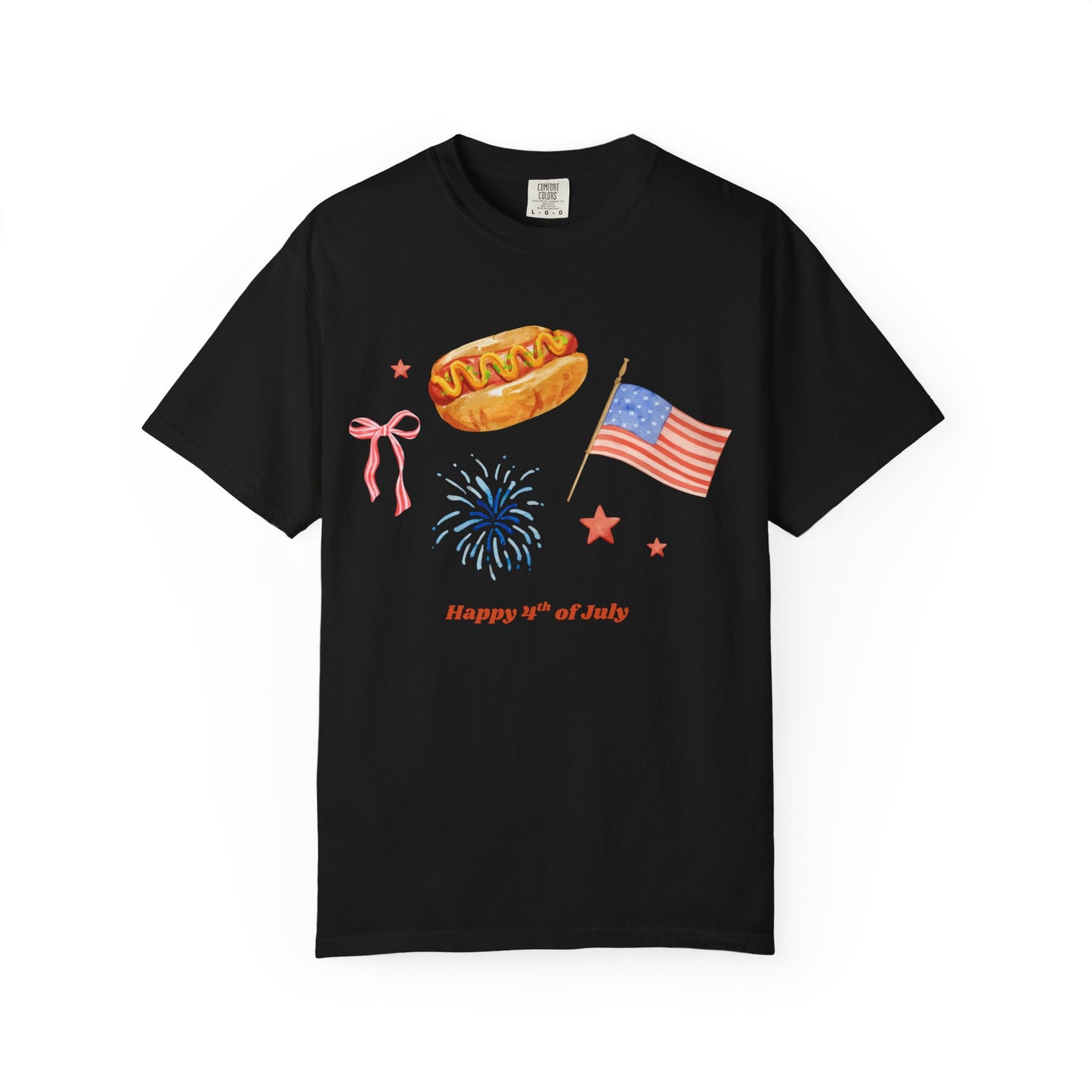 4th of July Unisex Tee - Happy 4th of July Ribbon, Hotdog, Flag, Firework Design
