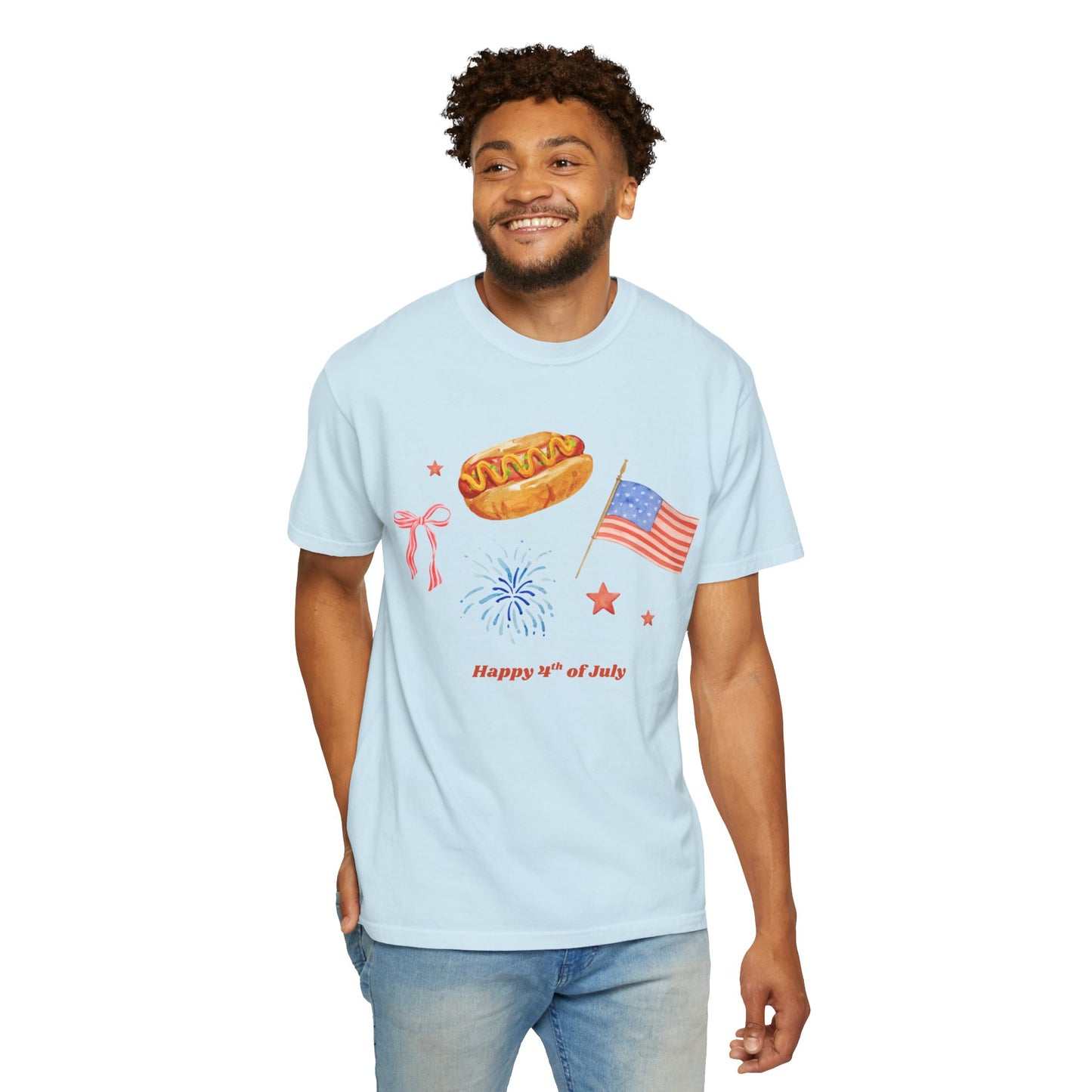 4th of July Unisex Tee - Happy 4th of July Ribbon, Hotdog, Flag, Firework Design