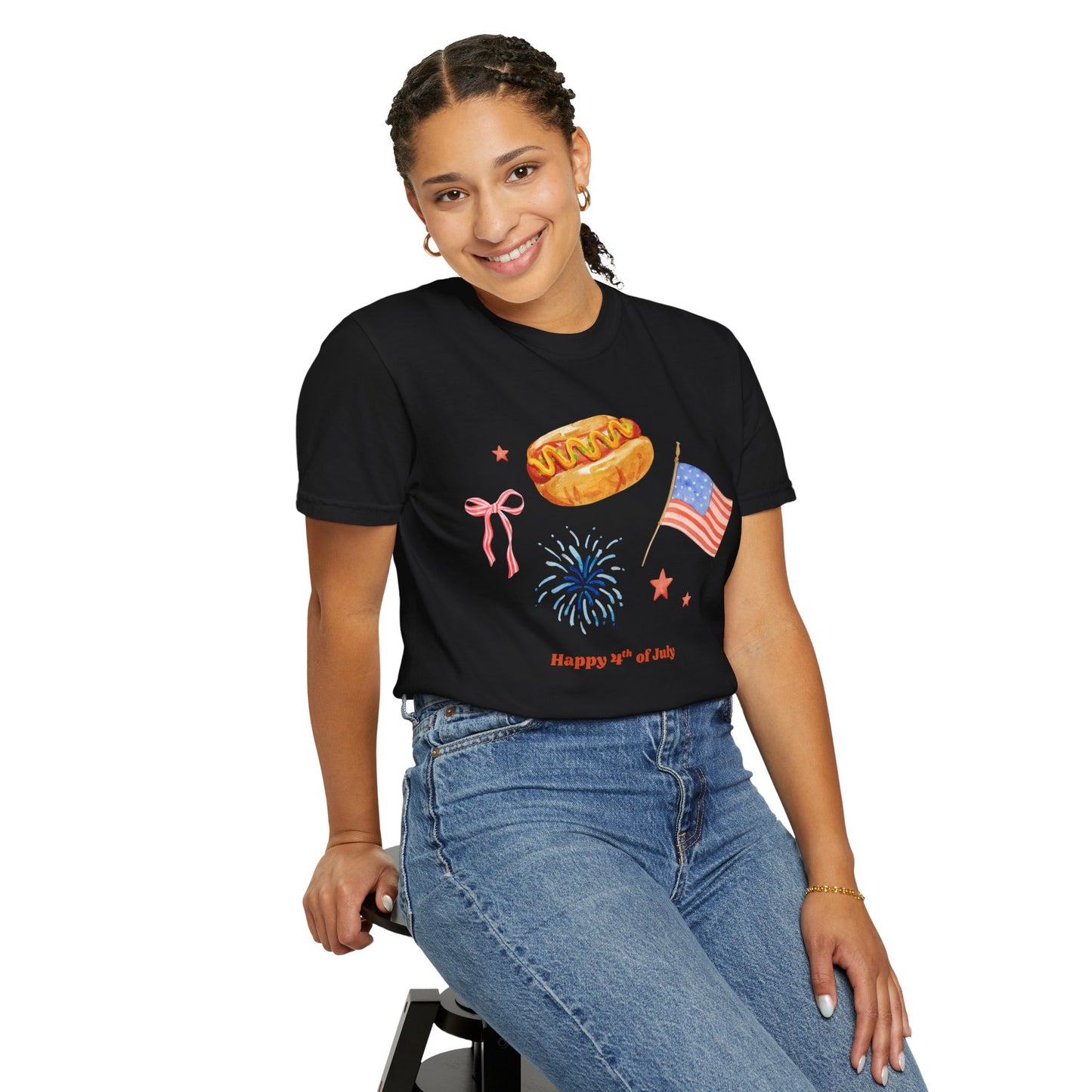 4th of July Unisex Tee - Happy 4th of July Ribbon, Hotdog, Flag, Firework Design