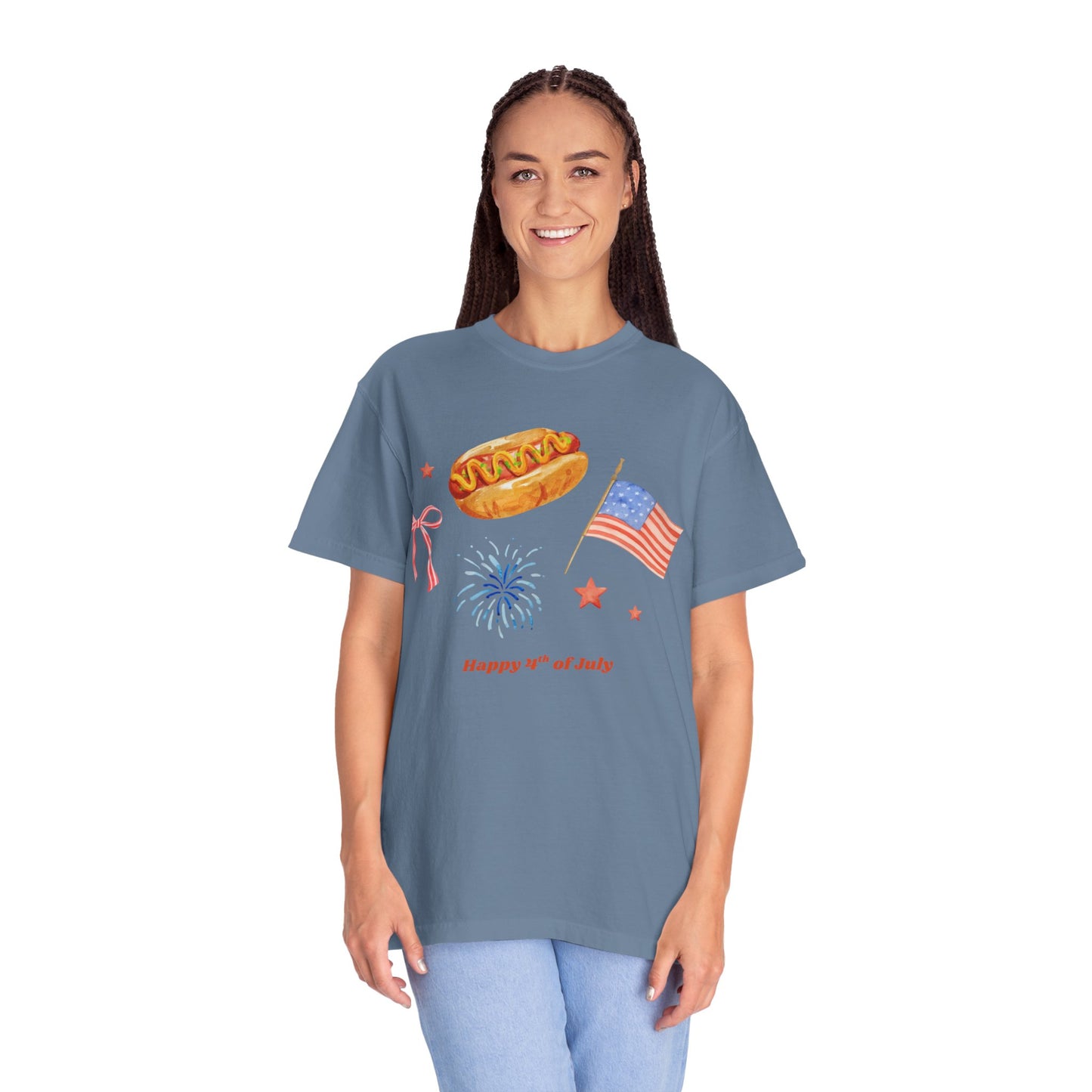 4th of July Unisex Tee - Happy 4th of July Ribbon, Hotdog, Flag, Firework Design