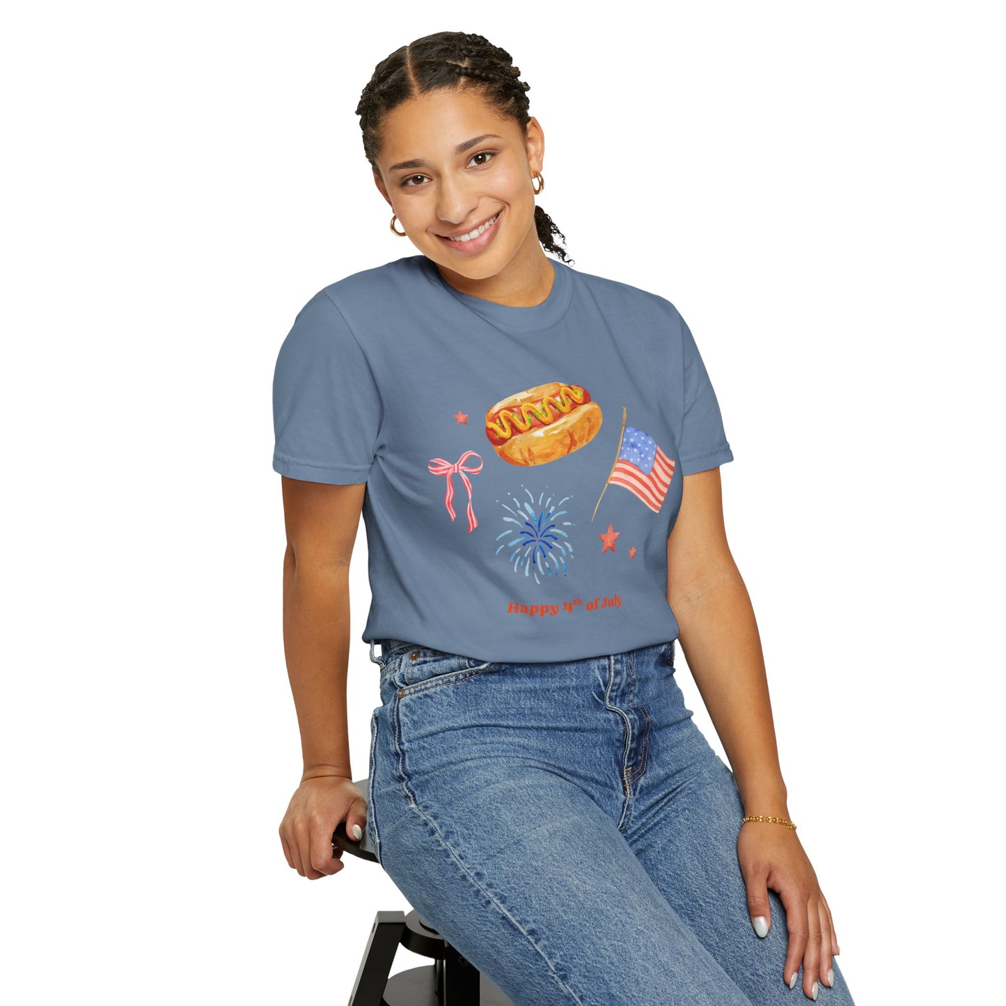 4th of July Unisex Tee - Happy 4th of July Ribbon, Hotdog, Flag, Firework Design