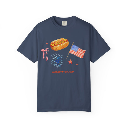 4th of July Unisex Tee - Happy 4th of July Ribbon, Hotdog, Flag, Firework Design