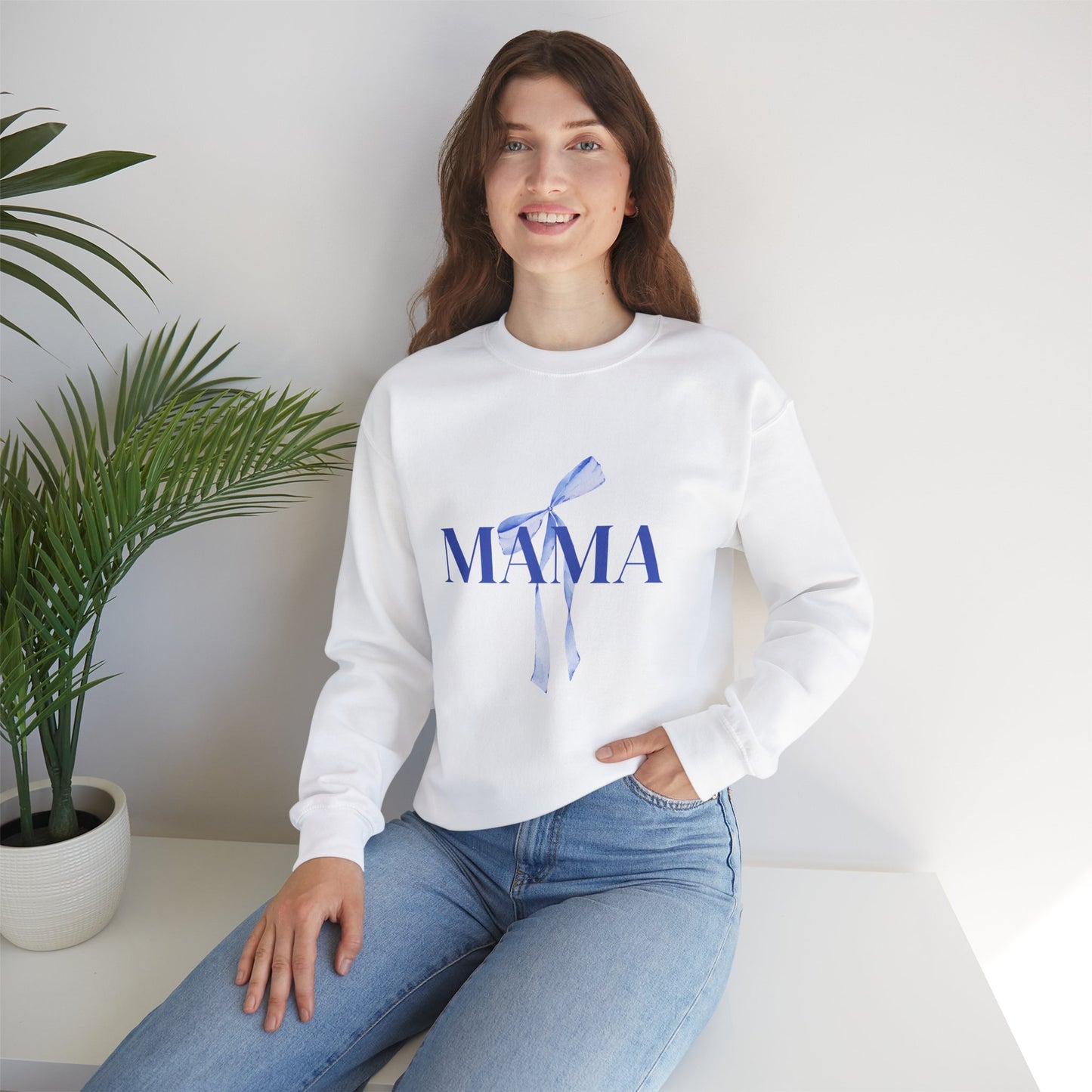 Mama Blue Bow Sweatshirt - Stylish Unisex Heavy Blend™ Crewneck for Moms