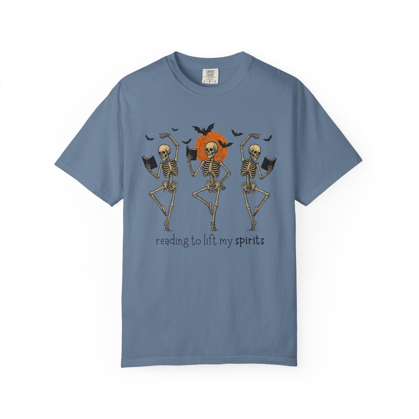 Skeleton T-shirt, Reading to Lift my Spirits, Perfect for Halloween, Spooky Season, Unisex Graphic Tee, Fun Gift for Friends, Halloween Parties