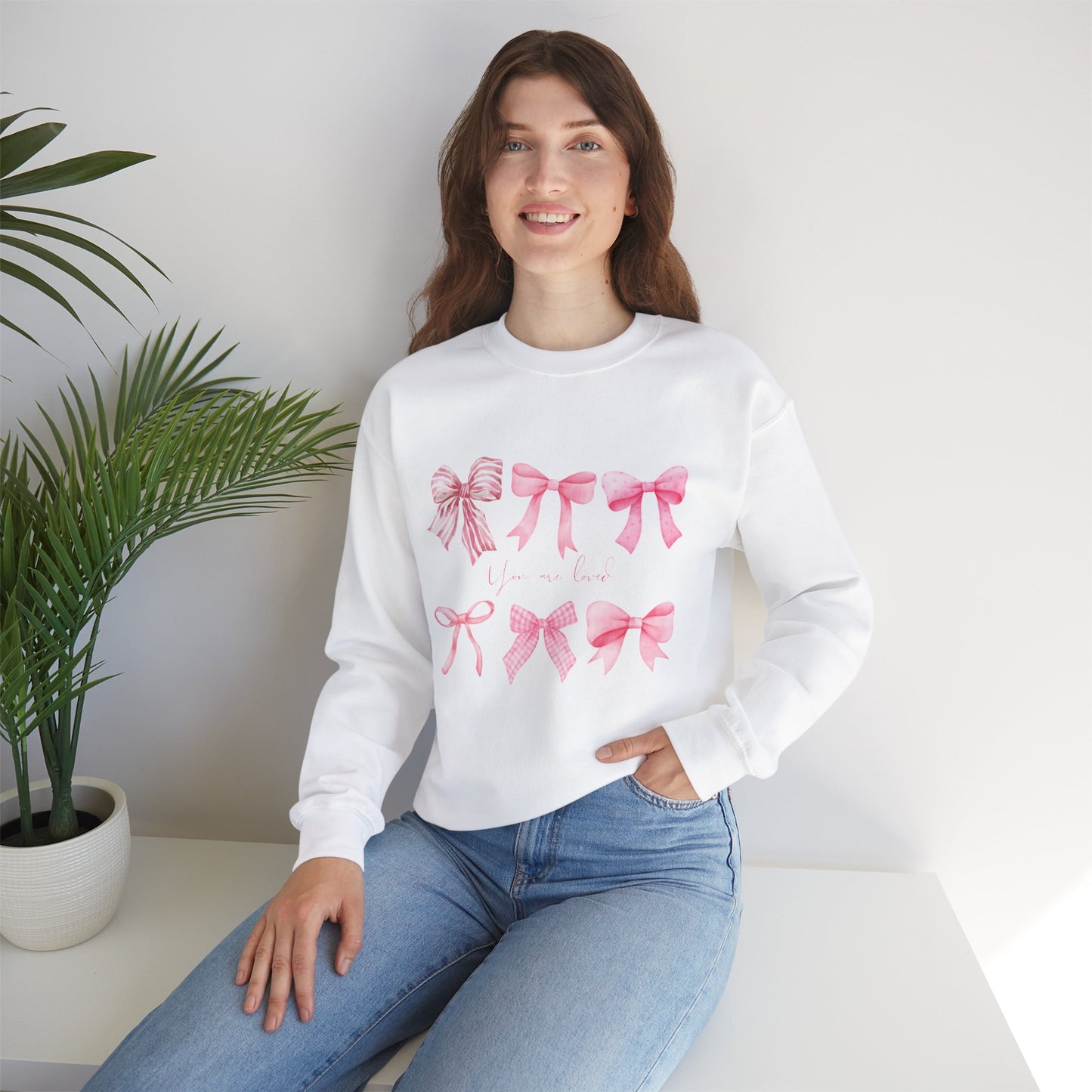 You are Loved Pink Bow Crewneck Sweatshirt - Women's Cozy Fashion