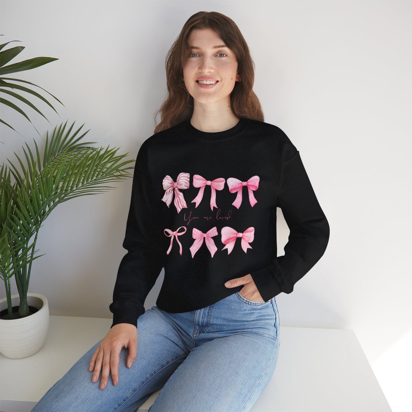 You are Loved Pink Bow Crewneck Sweatshirt - Women's Cozy Fashion