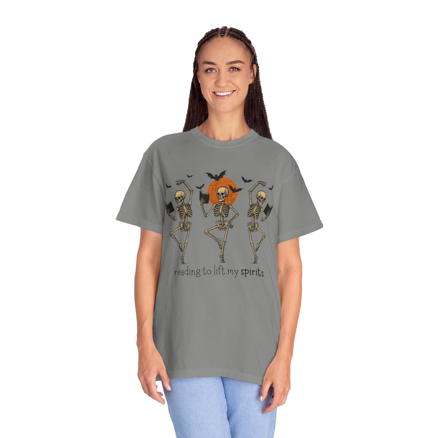 Skeleton T-shirt, Reading to Lift my Spirits, Perfect for Halloween, Spooky Season, Unisex Graphic Tee, Fun Gift for Friends, Halloween Parties