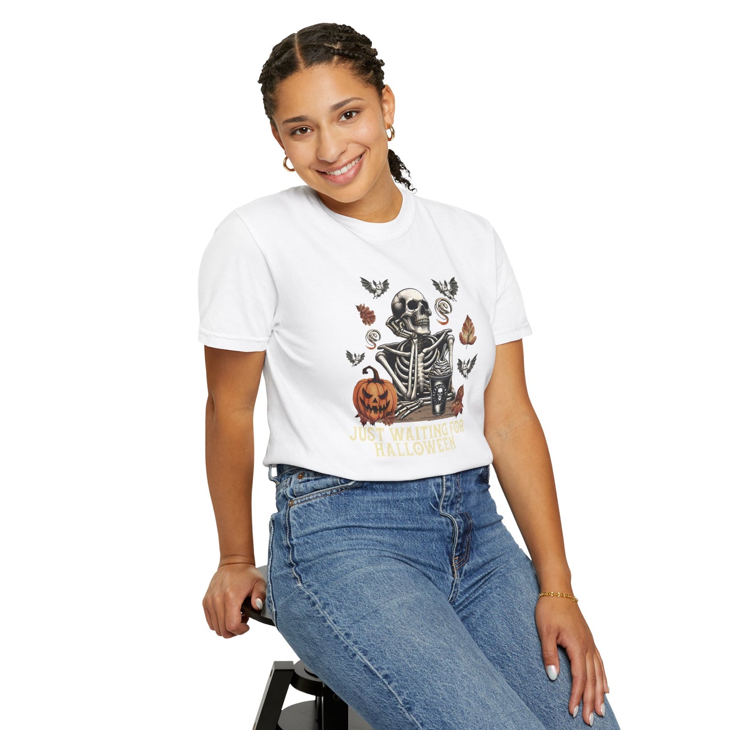 Halloween Skeleton Graphic Tee | Just Waiting for Halloween | Unisex Spooky T-shirt, Fall Fashion, Halloween Costume, Festive Apparel