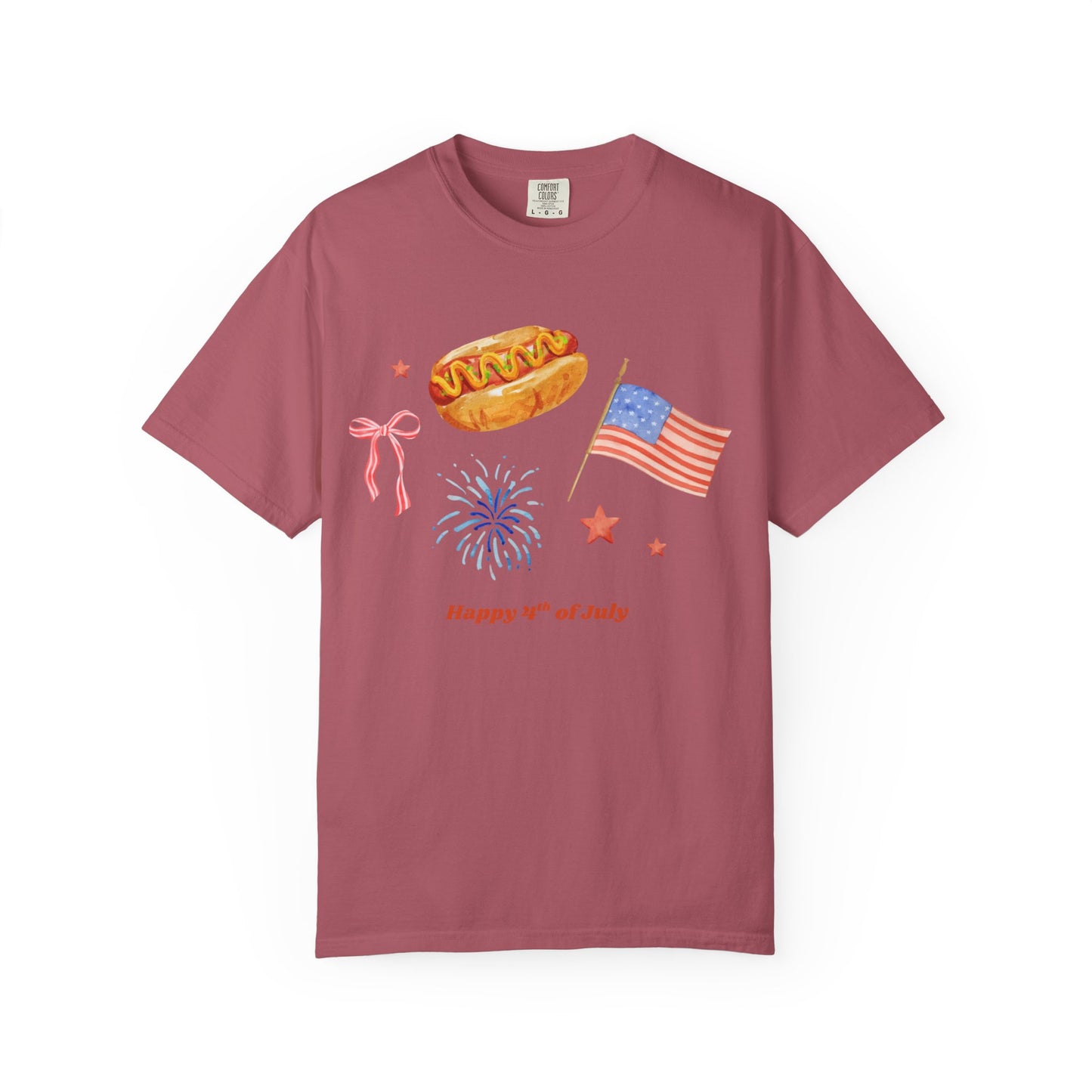 4th of July Unisex Tee - Happy 4th of July Ribbon, Hotdog, Flag, Firework Design
