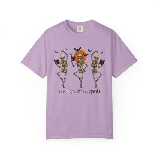 Skeleton T-shirt, Reading to Lift my Spirits, Perfect for Halloween, Spooky Season, Unisex Graphic Tee, Fun Gift for Friends, Halloween Parties