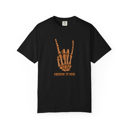 Unisex Skeleton Rock Hand T-Shirt, Creepin It Real Tee, Halloween Apparel, Festival Shirt, Music Lover Gift