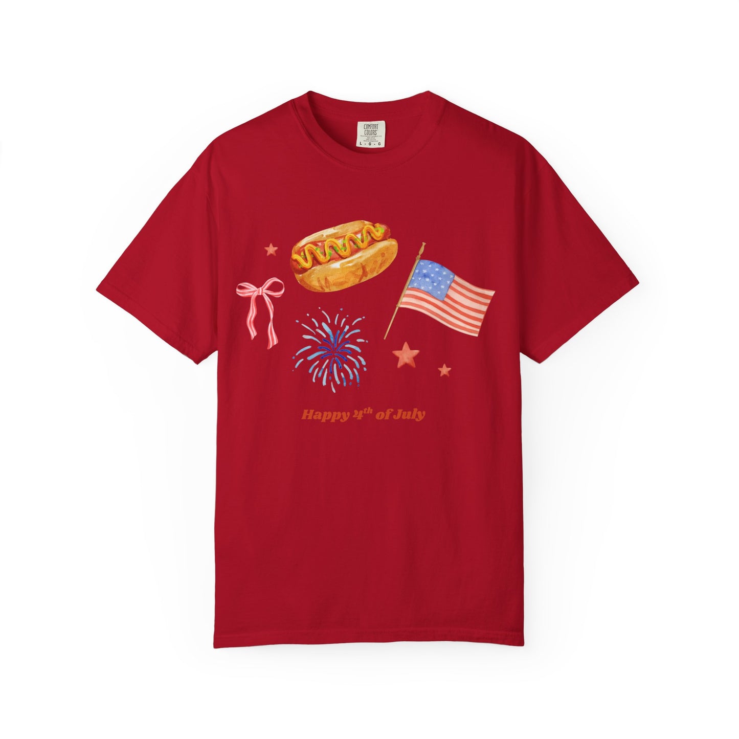 4th of July Unisex Tee - Happy 4th of July Ribbon, Hotdog, Flag, Firework Design