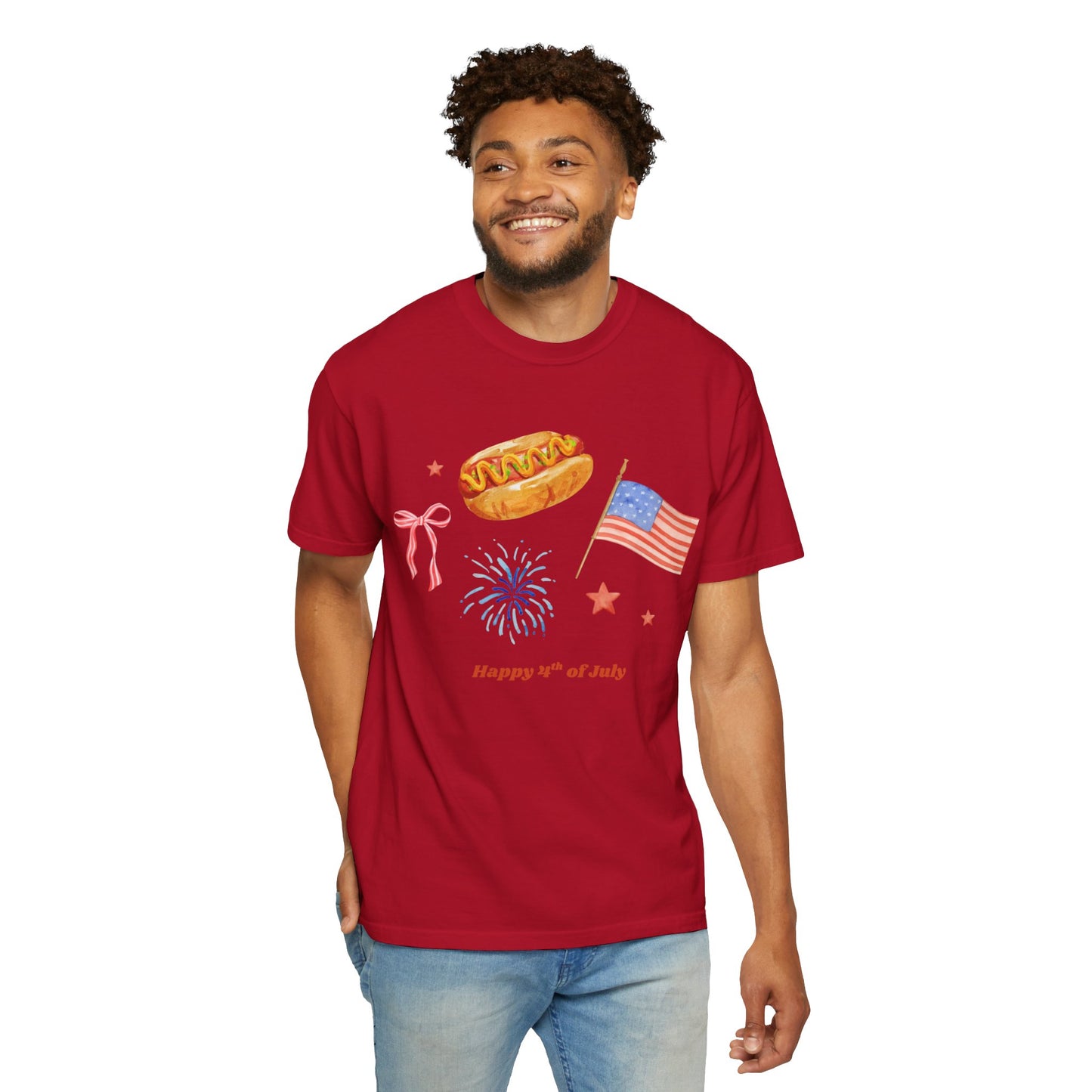 4th of July Unisex Tee - Happy 4th of July Ribbon, Hotdog, Flag, Firework Design