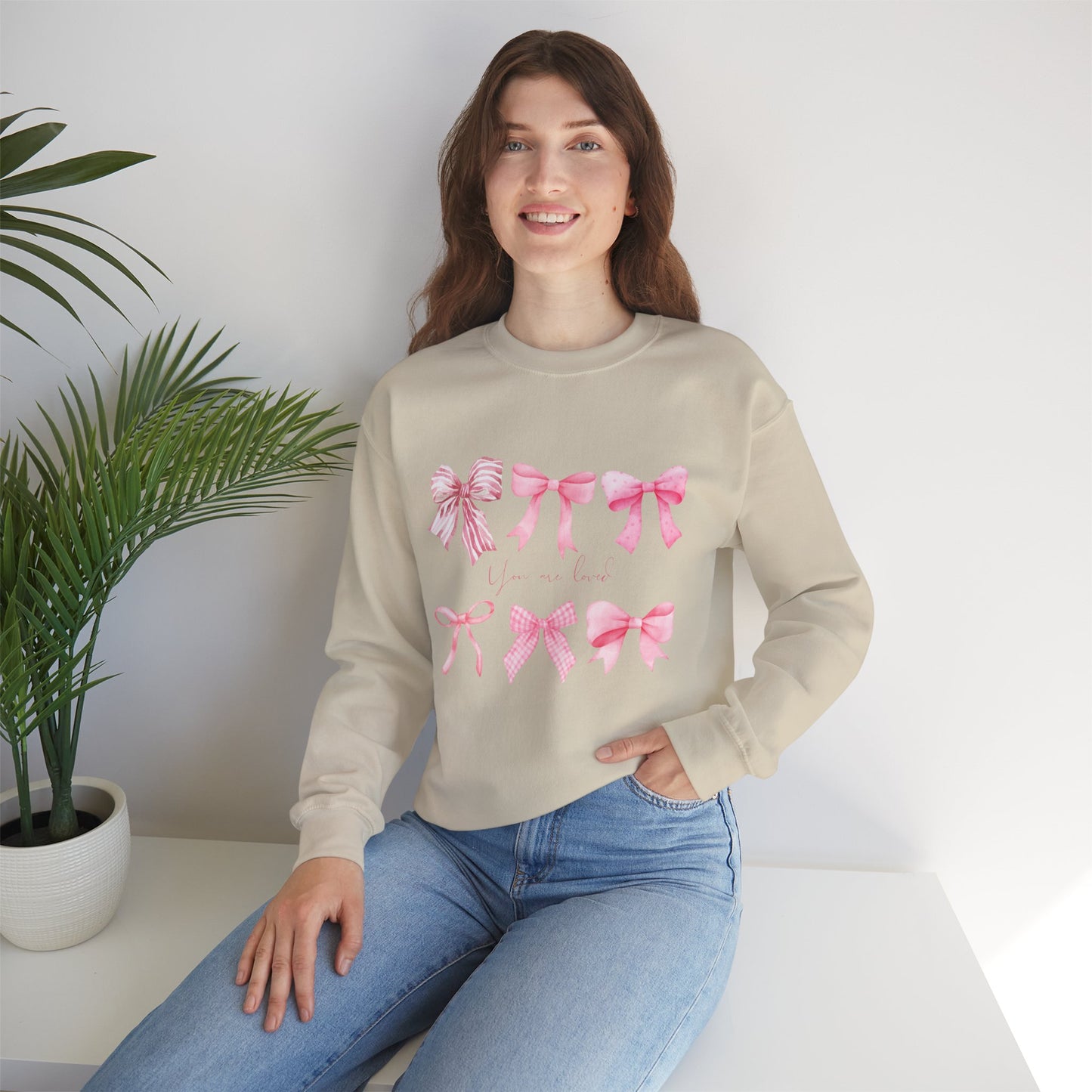 You are Loved Pink Bow Crewneck Sweatshirt - Women's Cozy Fashion