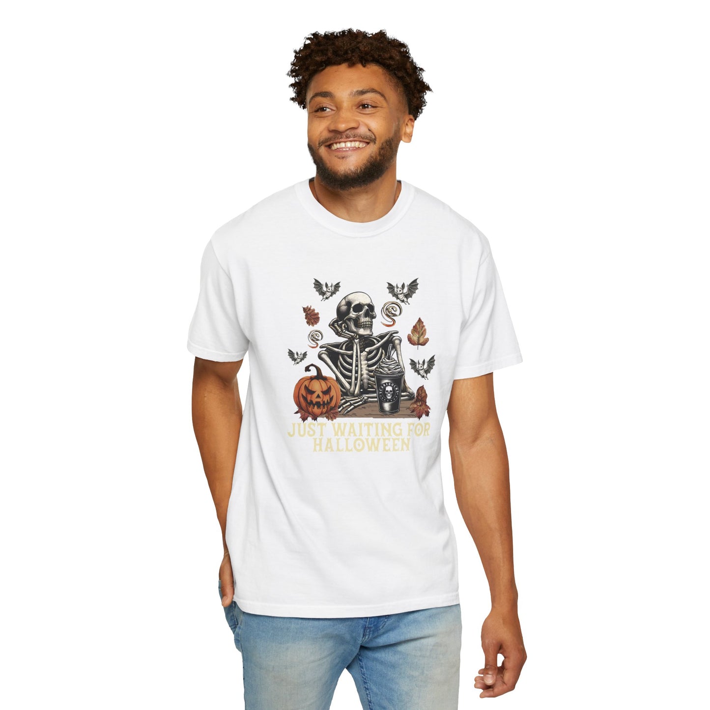 Halloween Skeleton Graphic Tee | Just Waiting for Halloween | Unisex Spooky T-shirt, Fall Fashion, Halloween Costume, Festive Apparel