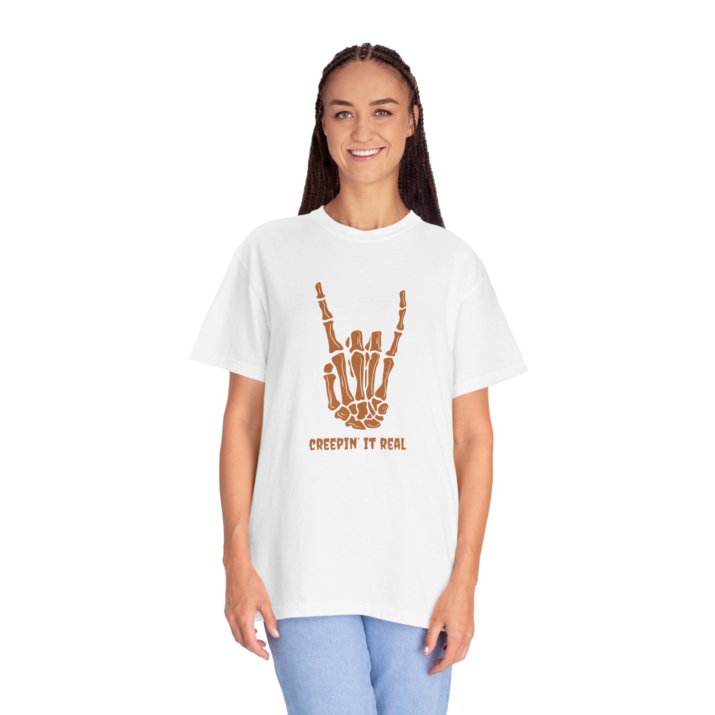 Unisex Skeleton Rock Hand T-Shirt, Creepin It Real Tee, Halloween Apparel, Festival Shirt, Music Lover Gift