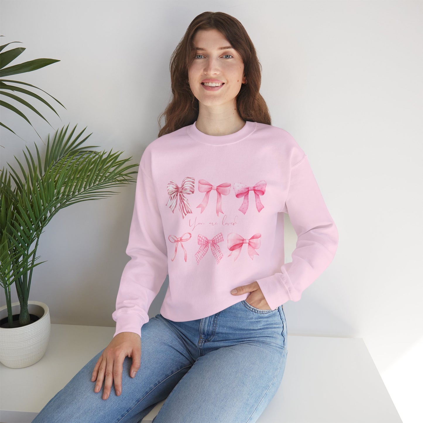 You are Loved Pink Bow Crewneck Sweatshirt - Women's Cozy Fashion