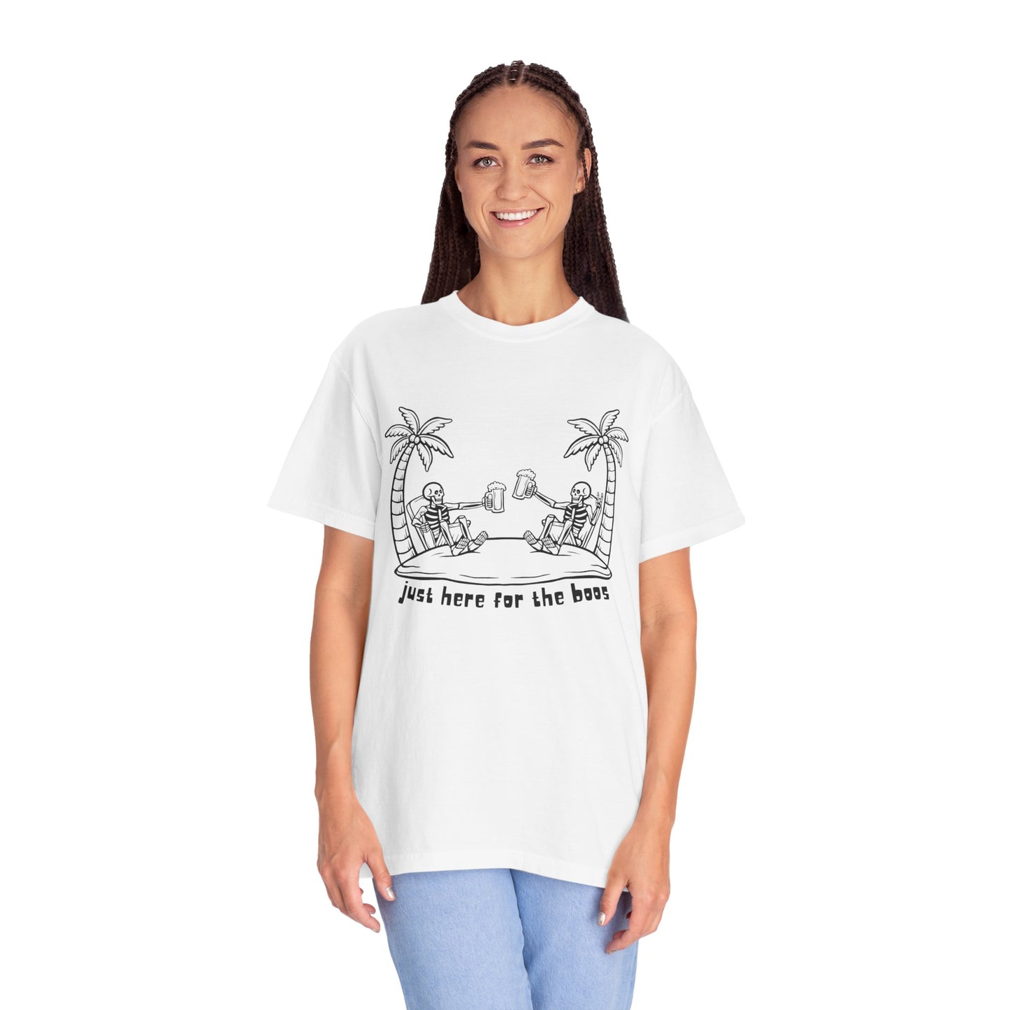 T-Shirt featuring 'Just Here for the Booze' Design for Fun-loving Spirits, Partywear, Gift for Friends, Casual Outing, Beach Vibes, [...]
